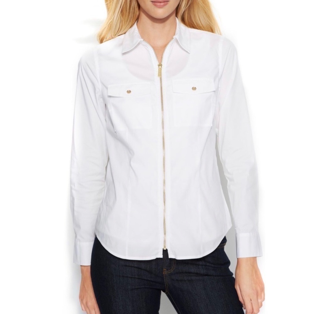 Michael Kors full zip collared long sleeve white top small stretch cotton